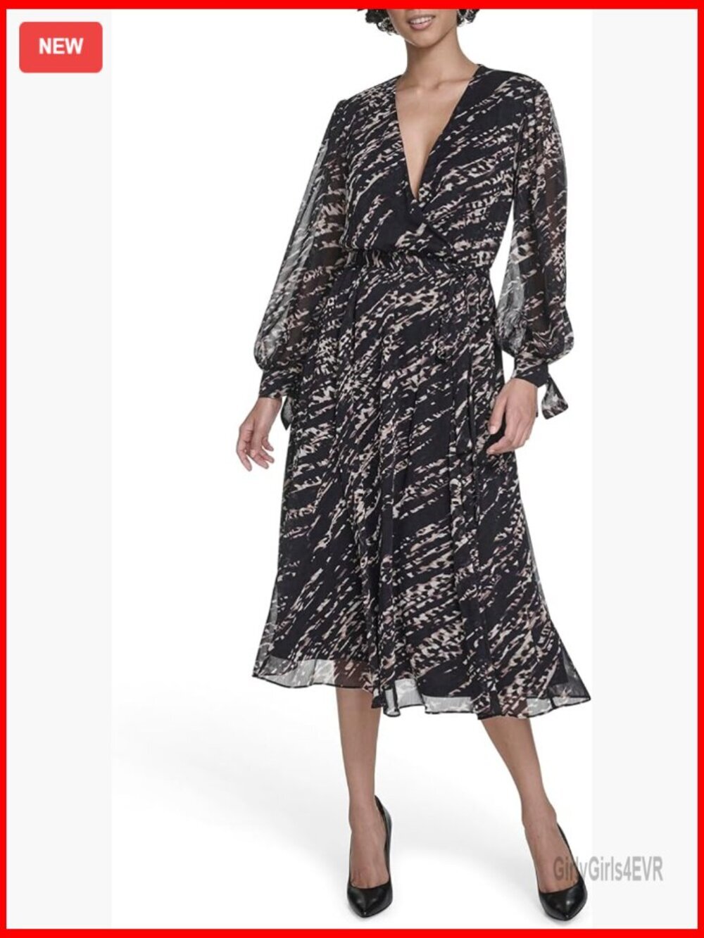 V-Neck Long Sleeve Chiffon Midi Dress - Floral Sheath - Picture 1 of 5